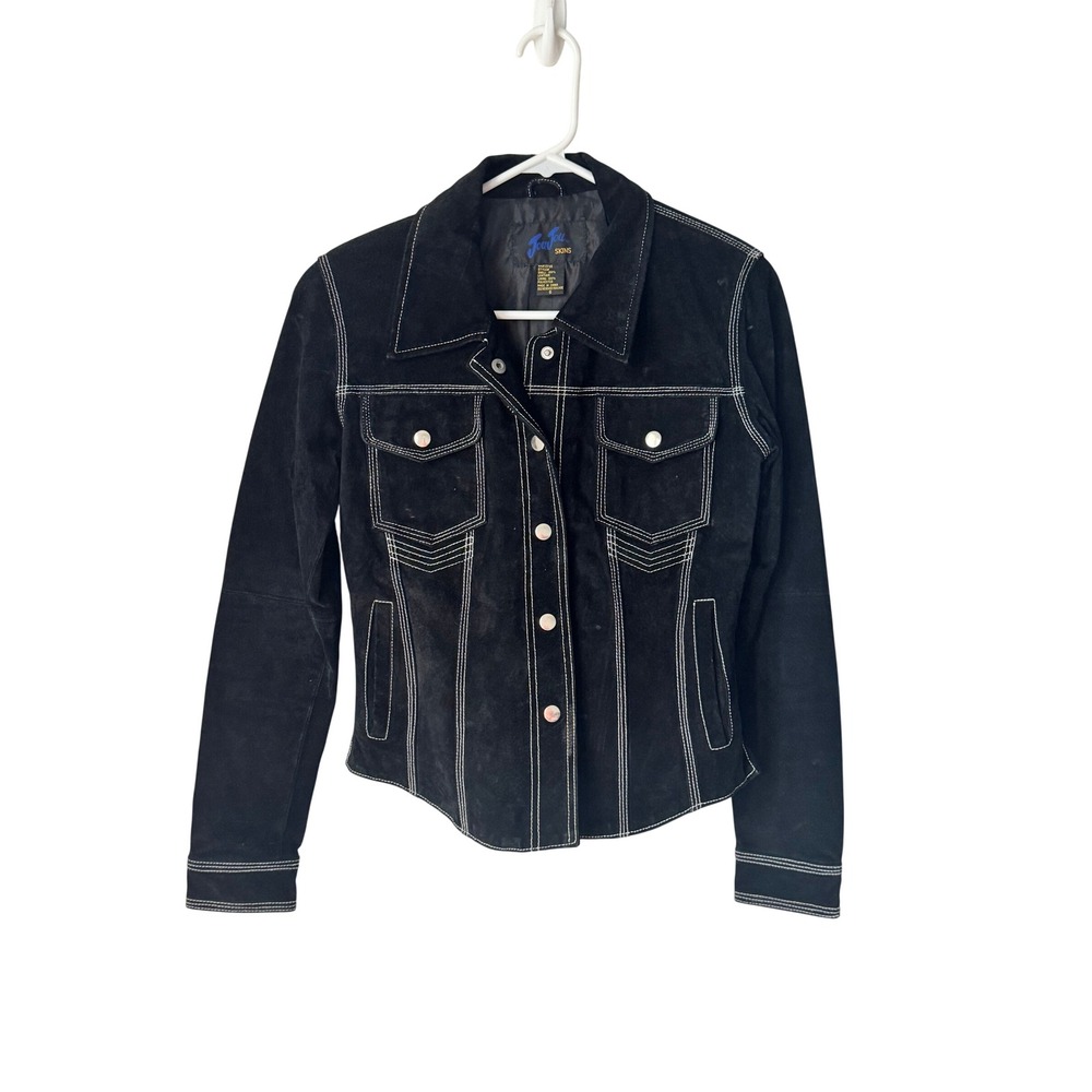 Jou Jou Skins Black Suede Leather Jacket White Contrast Stitch Western Small